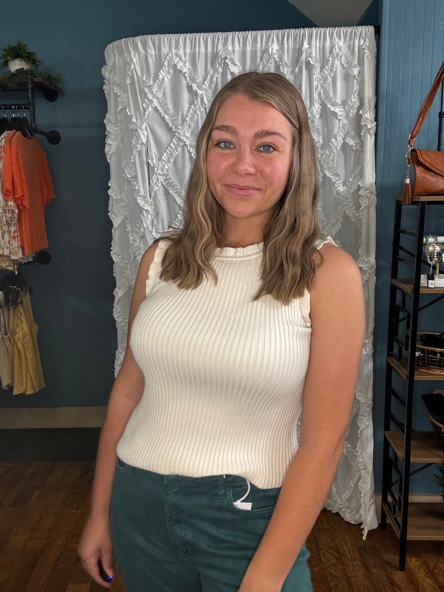 Ruffle Ribbed Sweater Tank - Cream