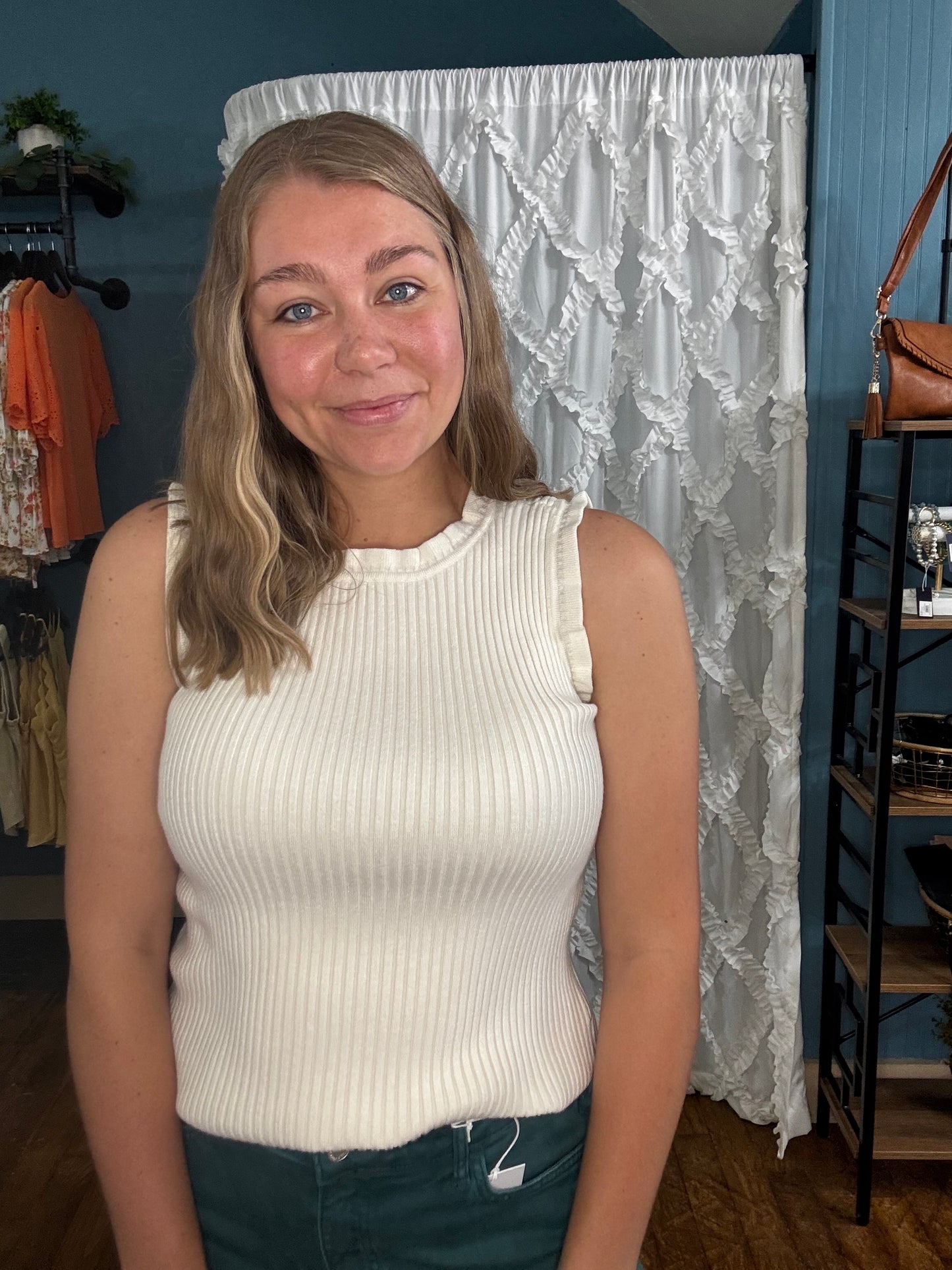 Ruffle Ribbed Sweater Tank - Cream