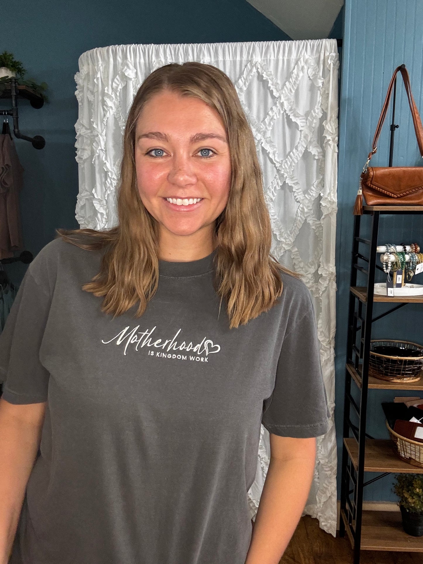 Motherhood Is Kingdom Work Embroidered Tee - Pepper