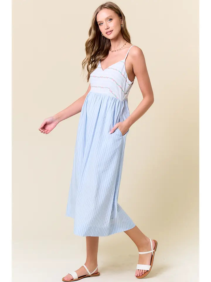 Camille Floral Embroidered Midi Dress - Light Blue