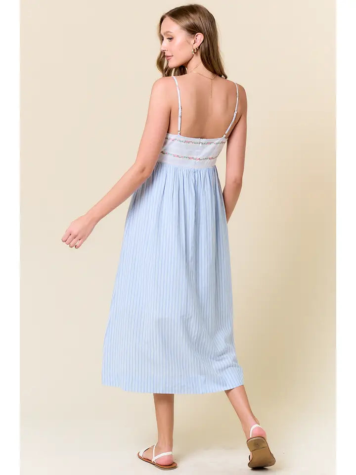 Camille Floral Embroidered Midi Dress - Light Blue