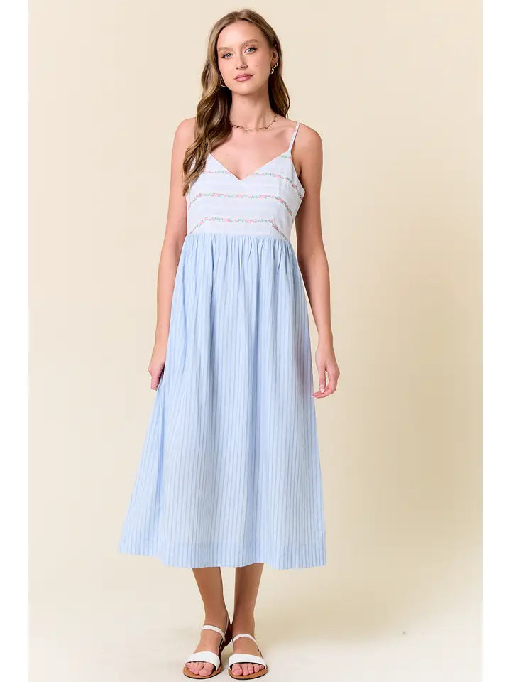 Camille Floral Embroidered Midi Dress - Light Blue