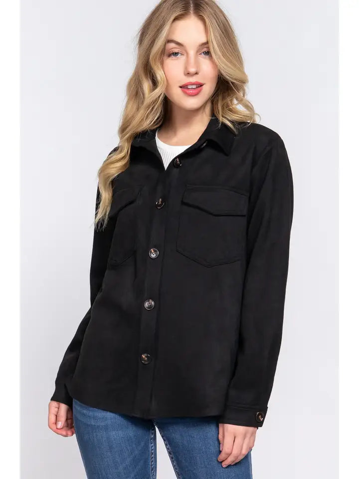 Halle Loose Fit Suede Shacket - Black