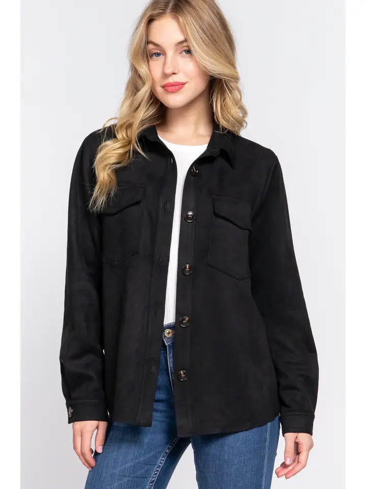 Halle Loose Fit Suede Shacket - Black