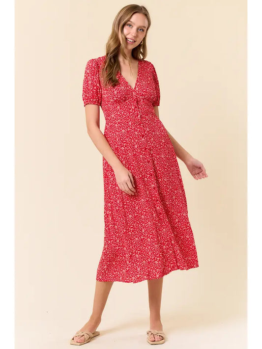 Sara Floral Puff Sleeve Midi Dress - Red