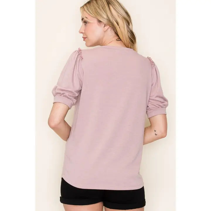 Tori Ruffle Shoulder Terry Top - Dusty Rose