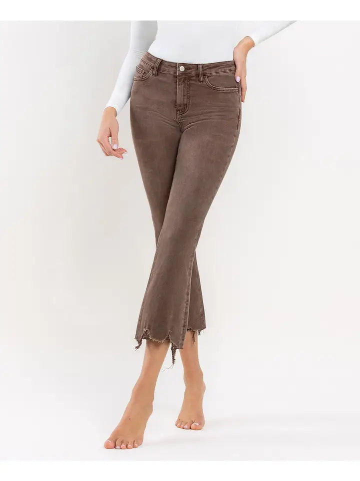 Bella High Rise Distressed Hem Flare Vervet Jean - Potting Soil