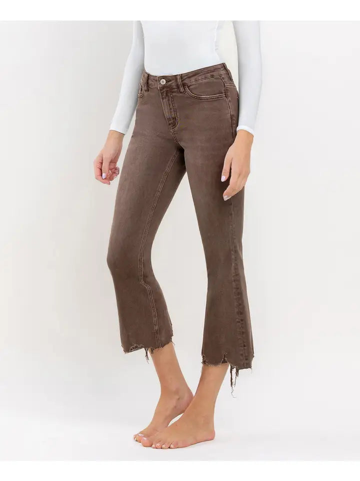 Bella High Rise Distressed Hem Flare Vervet Jean - Potting Soil