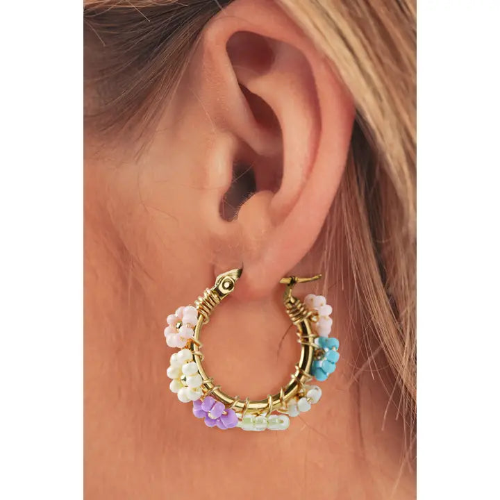 Flower Beaded Hoop Earrings
