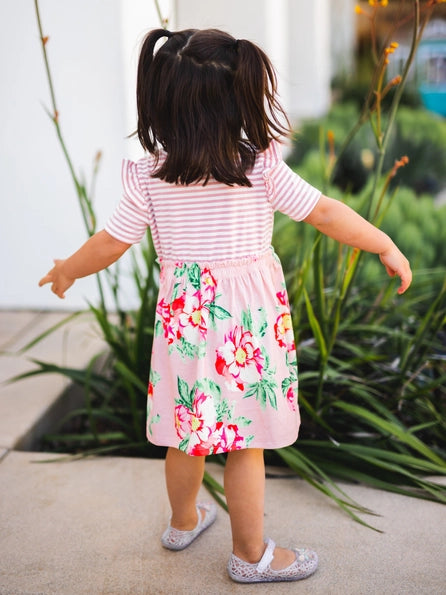 Girls Stripe Floral Dress - Pink