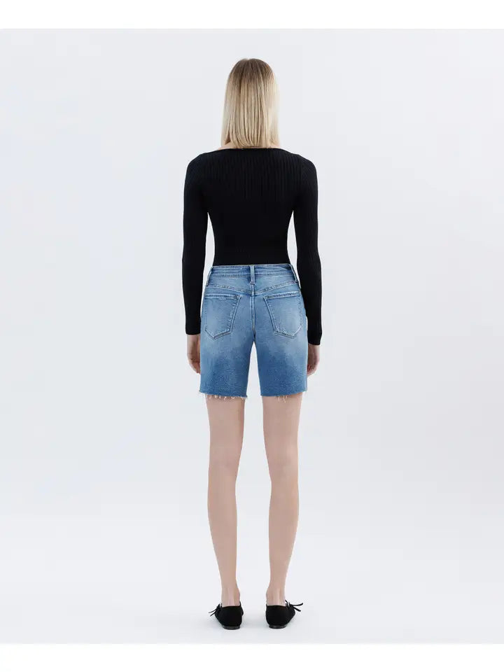 Ambition High Rise Raw Hem Vervet Bermuda Shorts