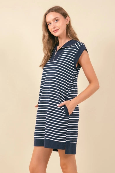 Kaylee Striped Mini Dress with Pockets - Navy