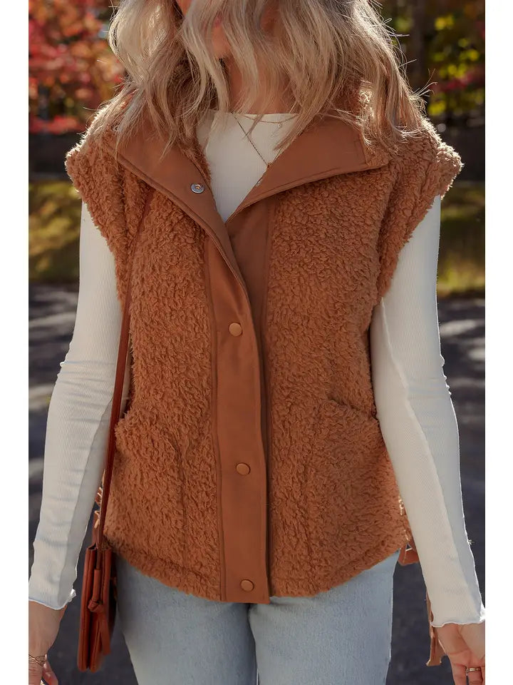 Plush Button Vest - Cinnamon