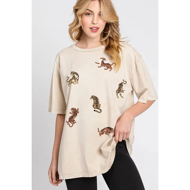 Tiger Allover Oversized Graphic Tee - Mineral Oatmeal
