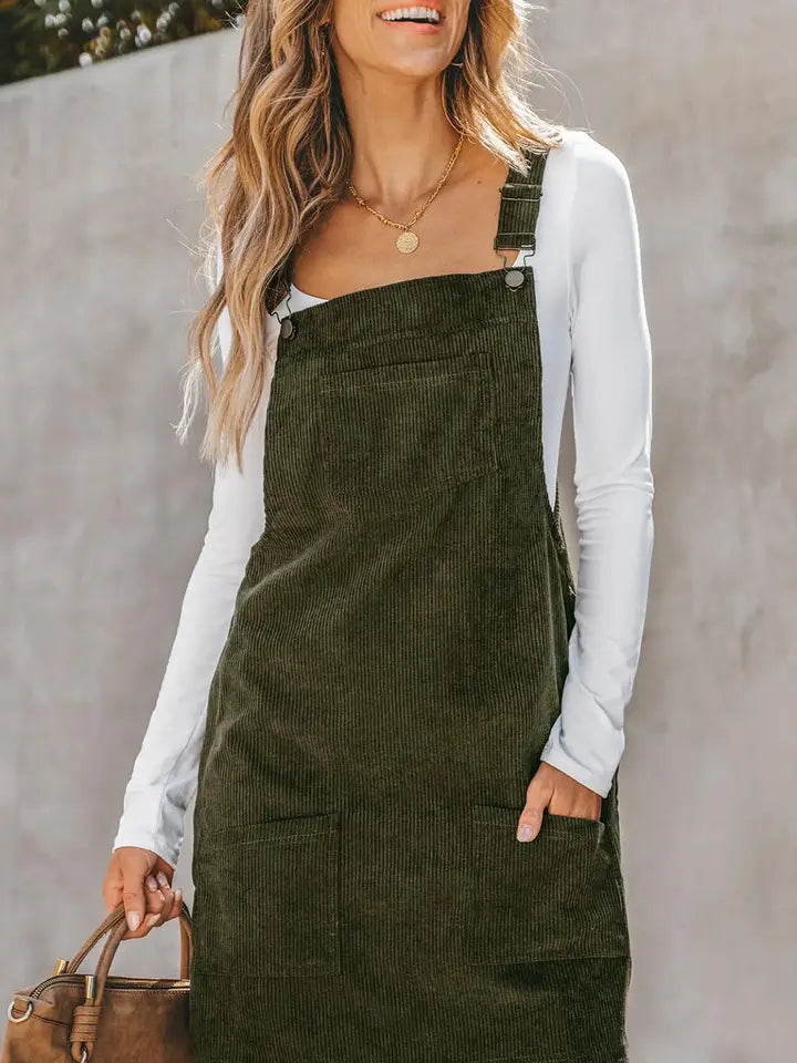 Vineyard Green Solid Front Pockets Sleeveless Corduroy Overall Dress Vineyard Green / XL / 100%Polyester Vineyard Green Solid Front Pockets Sleeveless Corduroy Overall Dress Vineyard Green / XL / 100%Polyester