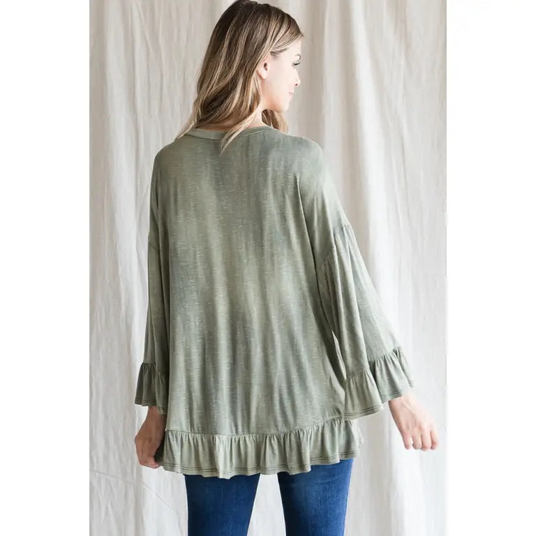 Olive trumpet sleeve top