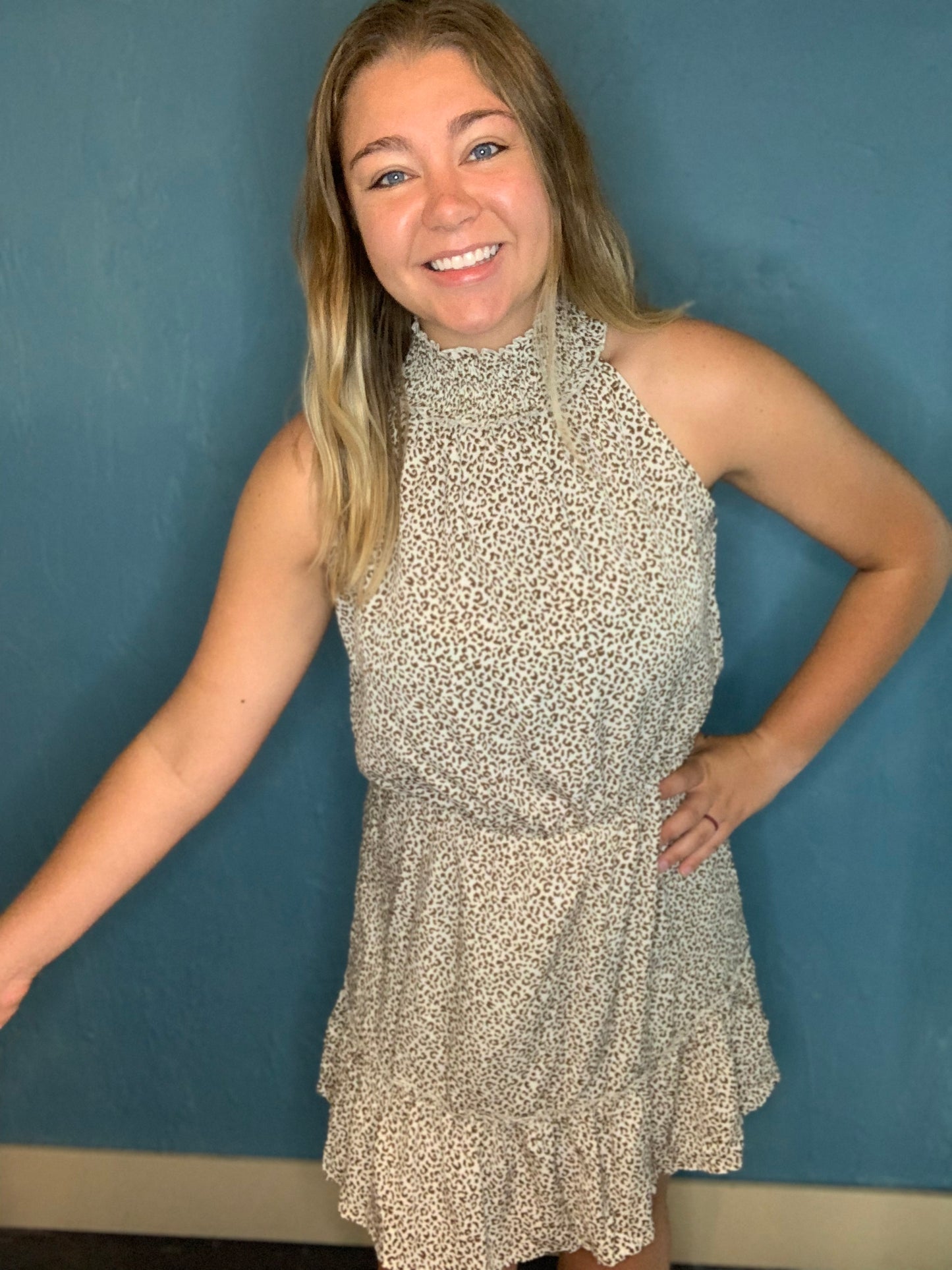Beige Leopard Mock Neck Dress