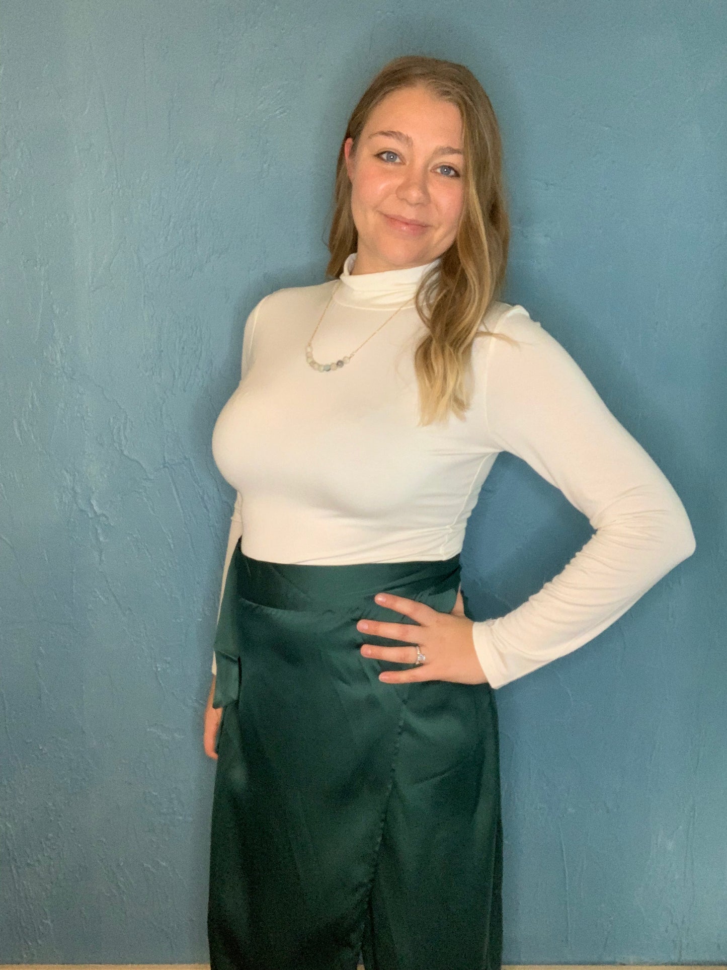 Green Satin Wrap Midi Skirt