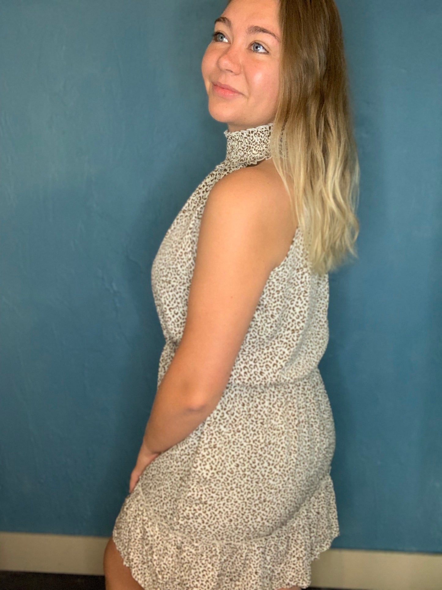 Beige Leopard Mock Neck Dress