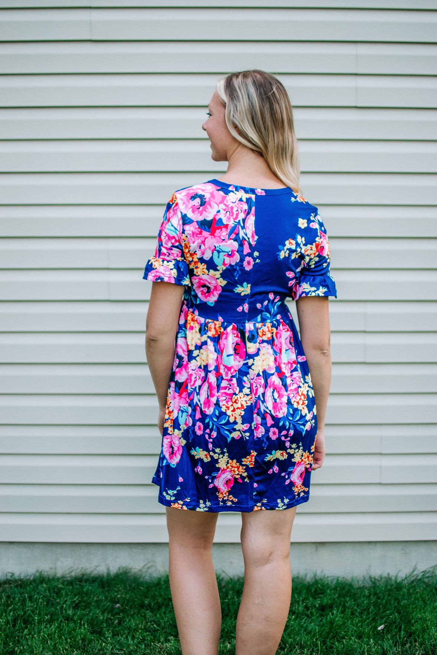 Dark Blue Ruffled Short Sleeve Floral Dress