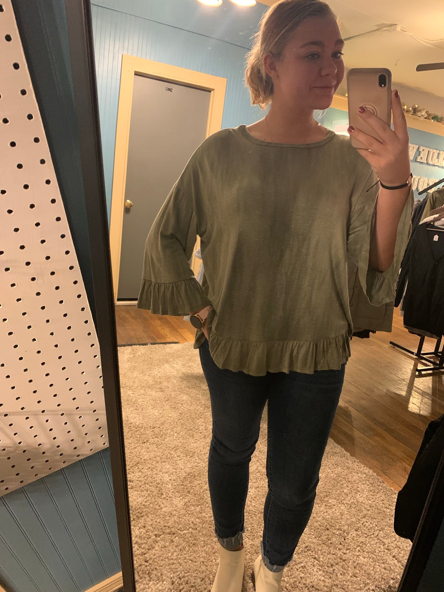 Olive trumpet sleeve top