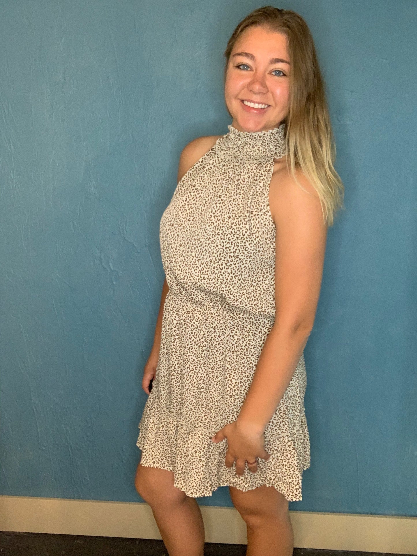 Beige Leopard Mock Neck Dress