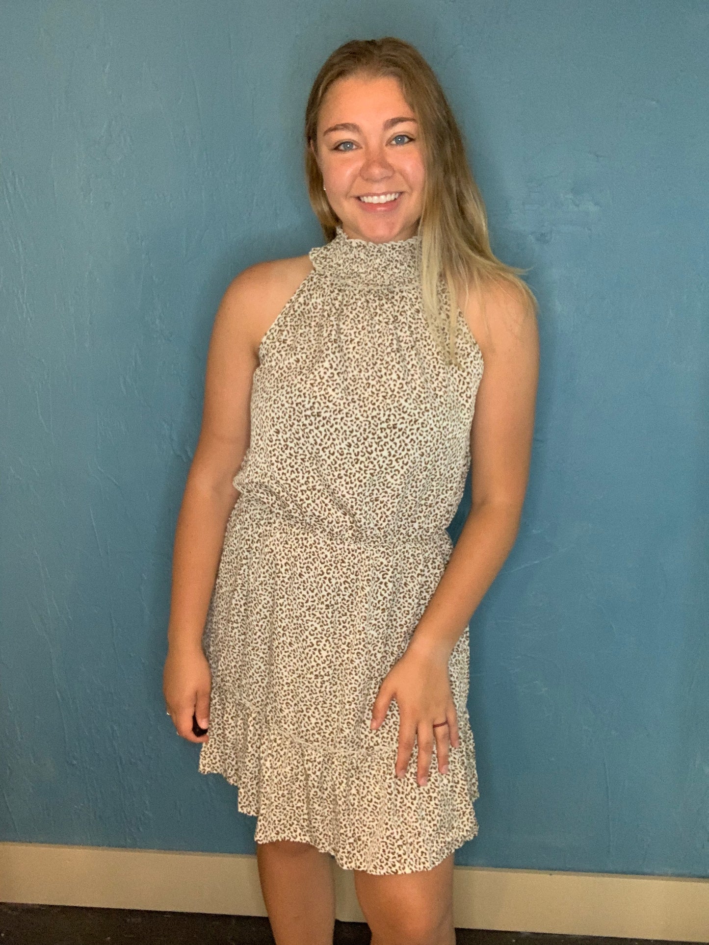 Beige Leopard Mock Neck Dress