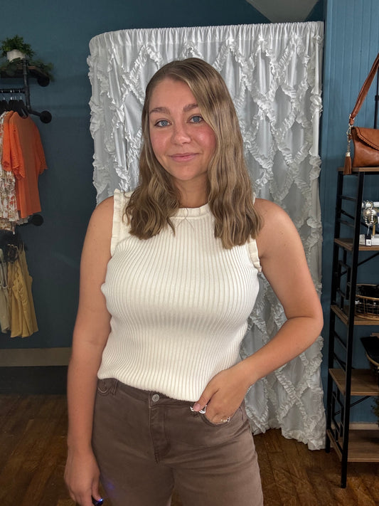Ruffle Ribbed Sweater Tank - Cream