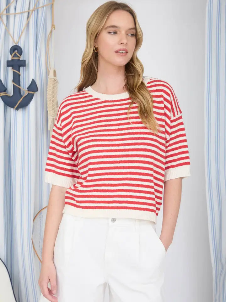 Allie Striped Short Sleeve Knit Sweater