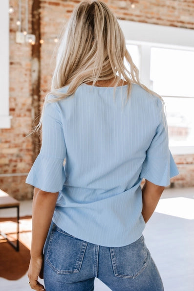 Erin Ruffled V-Neck Top- Beau Blue