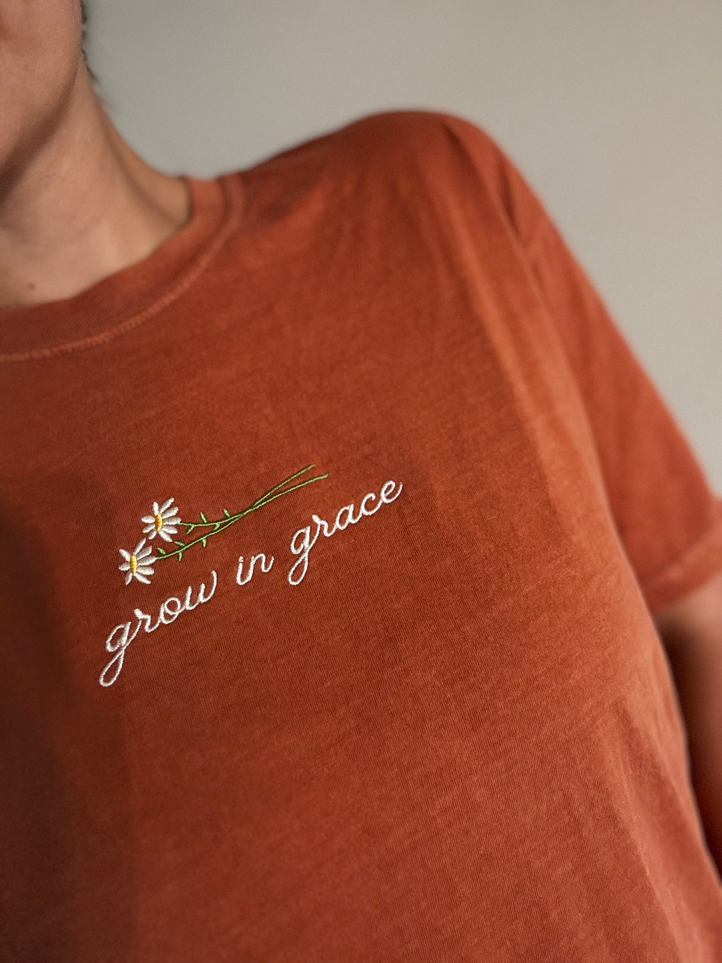 Grow In Grace Daisies Embroidered Tee - Yam