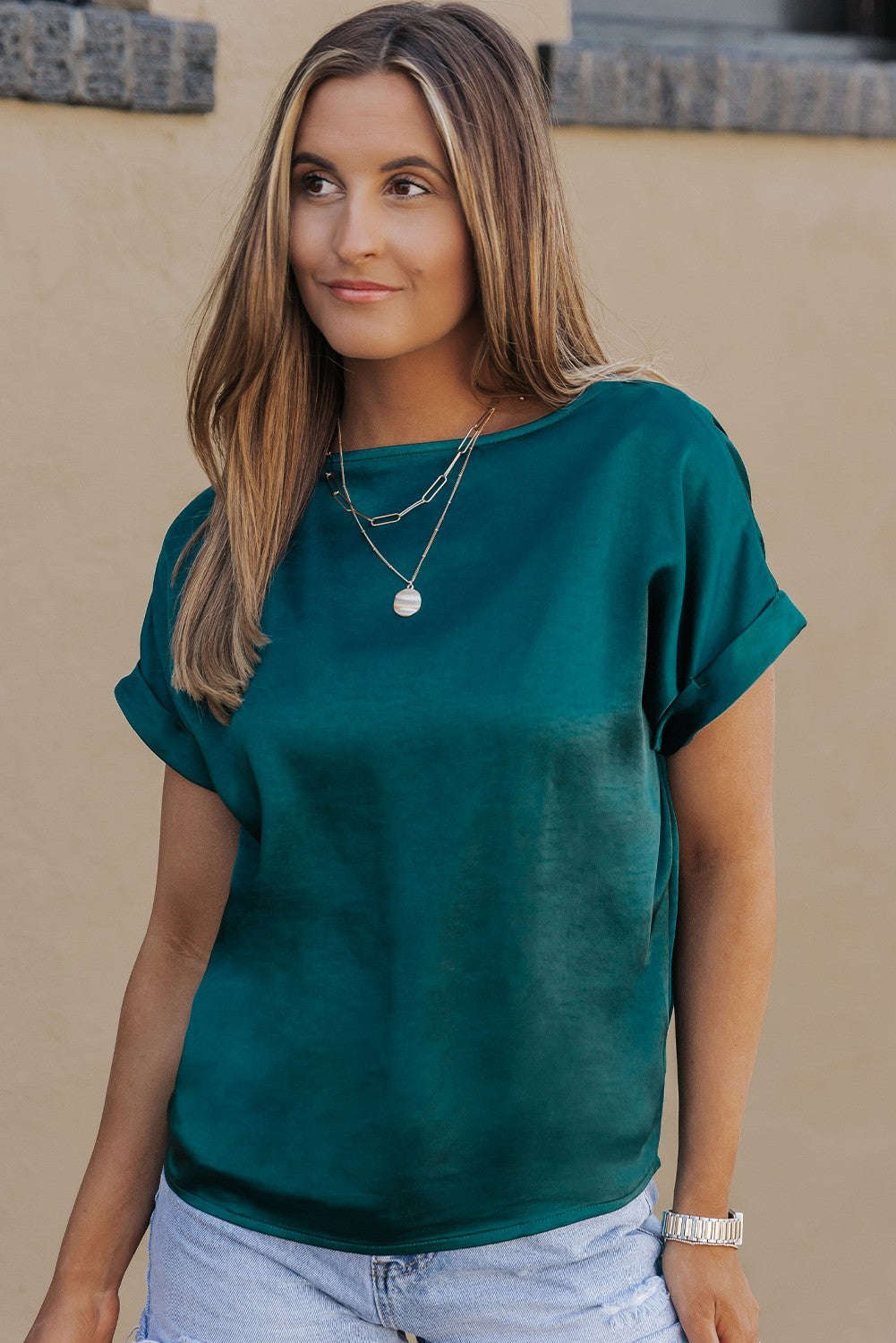 Green Rolled Sleeve Top
