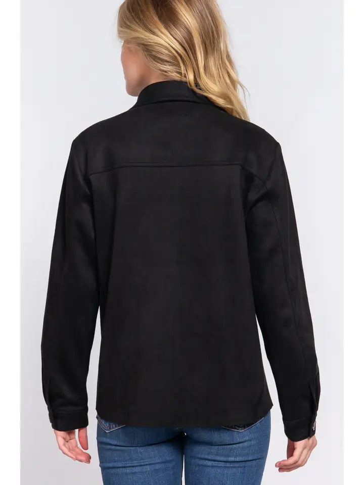 Halle Loose Fit Suede Shacket - Black