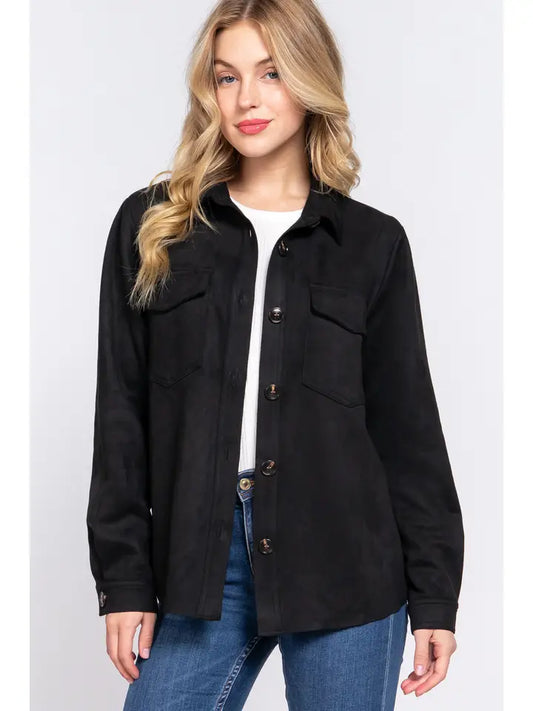 Halle Loose Fit Suede Shacket - Black