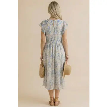 Jane Floral Mesh Dress - Ivory/Blue