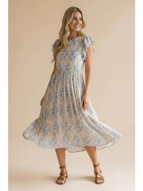 Jane Floral Mesh Dress - Ivory/Blue
