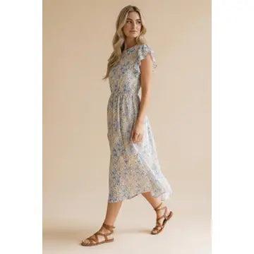 Jane Floral Mesh Dress - Ivory/Blue
