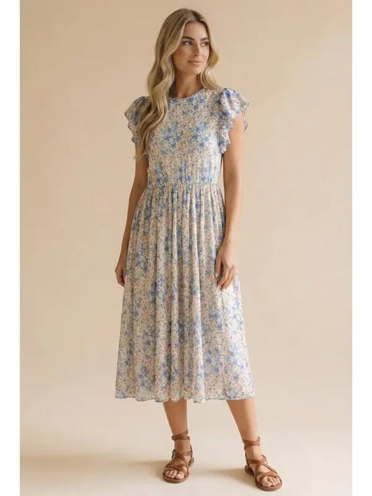 Jane Floral Mesh Dress - Ivory/Blue