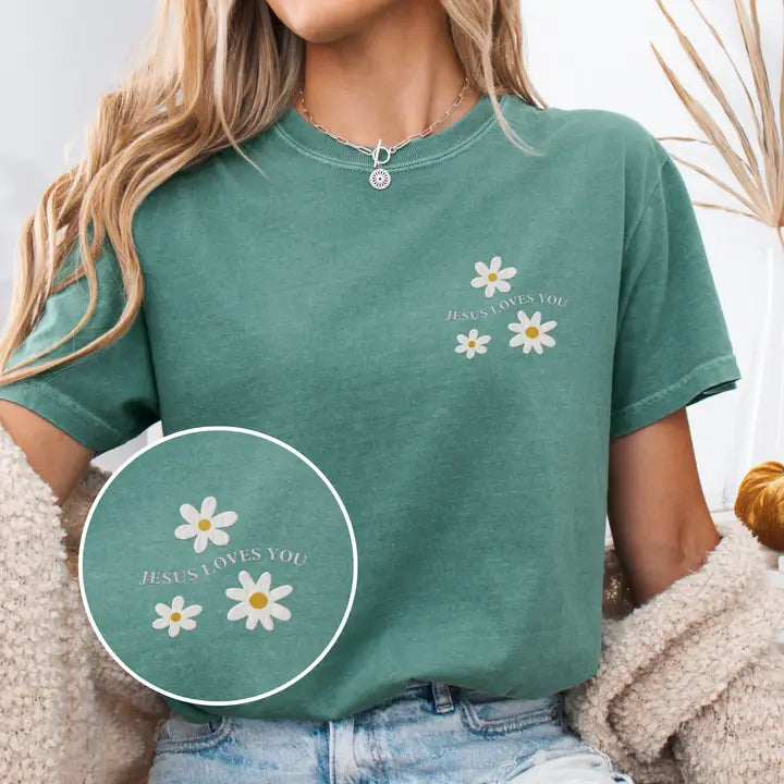 Jesus Loves You Embroidered Tee - Light Green