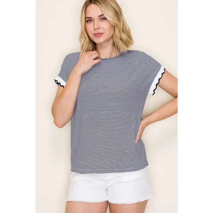 Kelly Scalloped Hem Pinstripe Top - Navy/Ivory