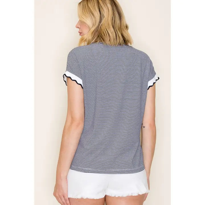 Kelly Scalloped Hem Pinstripe Top - Navy/Ivory