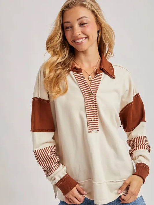 Lana Contrast Collar Knit Top - Chestnut