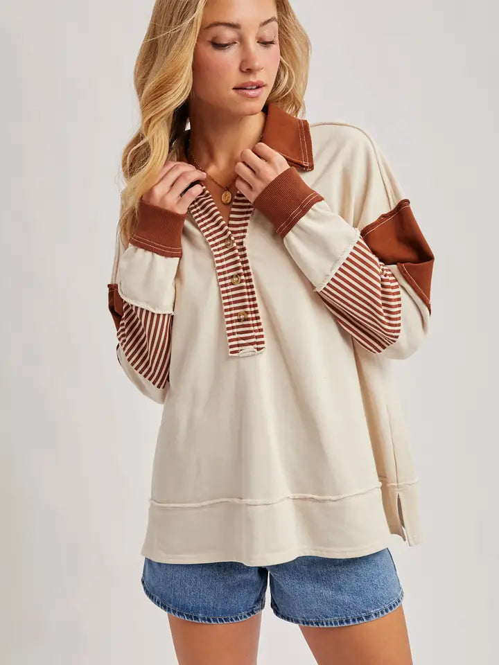 Lana Contrast Collar Knit Top - Chestnut