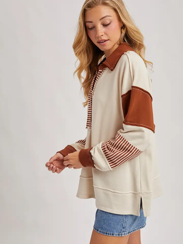 Lana Contrast Collar Knit Top - Chestnut