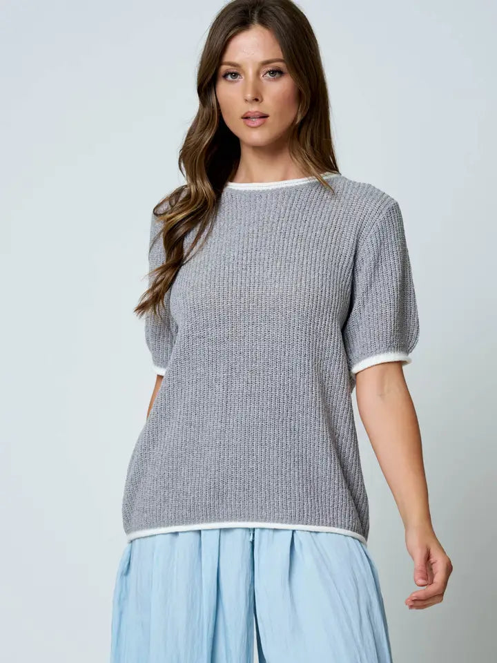 Logan Trim Puff Sleeve Knit Short Sleeve Sweater