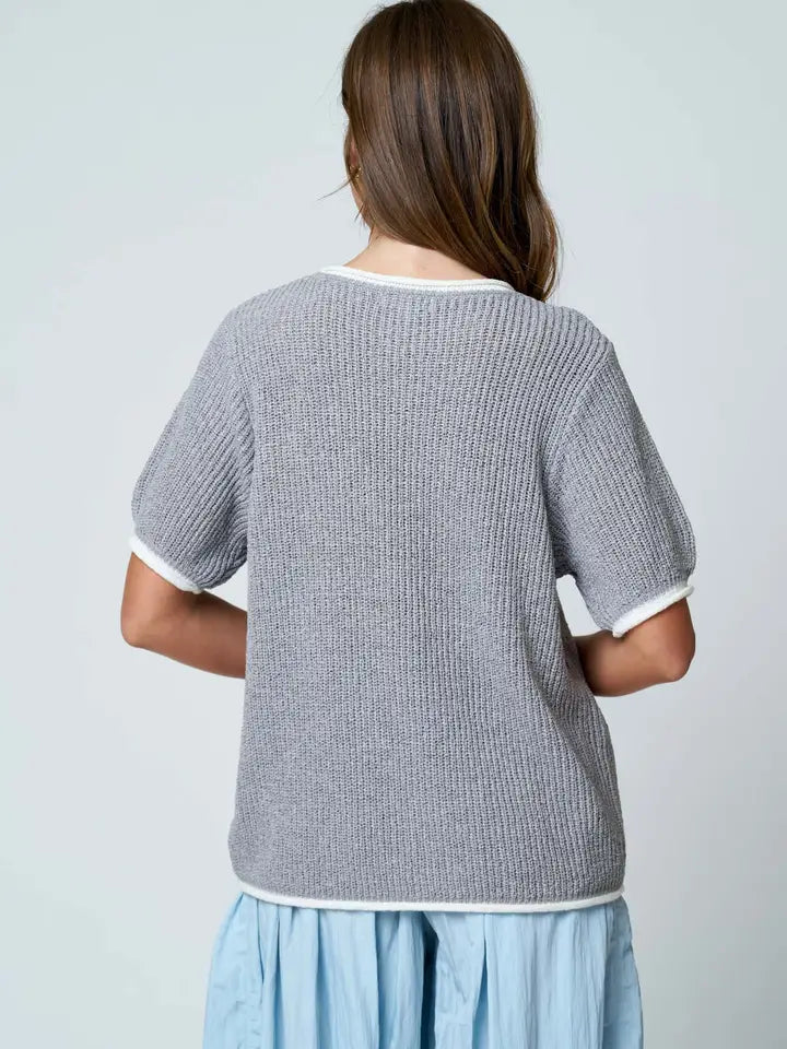 Logan Trim Puff Sleeve Knit Short Sleeve Sweater