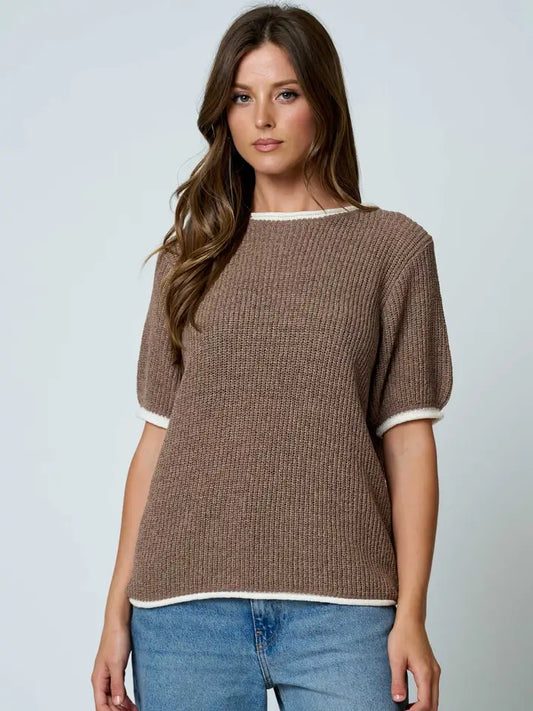 Logan Trim Puff Sleeve Knit Short Sleeve Sweater