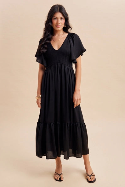 Quinn Smocked Satin Midi Dress