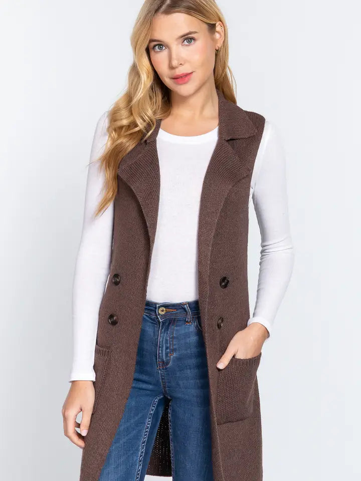 Tori Sleeveless Long Sweater Vest - Brown