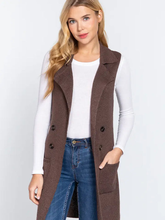 Tori Sleeveless Long Sweater Vest - Brown